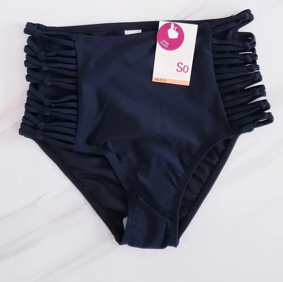 SO Juniors High Waist Knotted Side Bikini Bottom Size XS Black Side Detail Lined - Picture 1 of 9